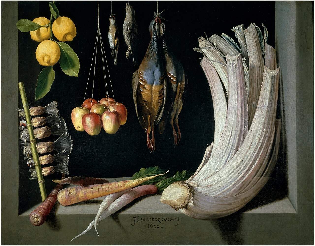 Juan Sánchez Cotán, Still Life with Game, Vegetables and Fruit (1602).